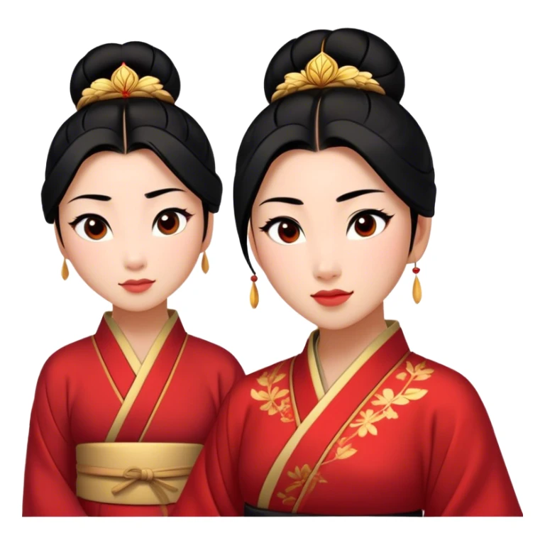 Cinematic Elegant Mulan Portrait Emoji, rendered in a flat, vector-style with minimal shading and bold, simplified shapes. Depict Mulan (chest and above) with warm, light-toned skin, almond-shaped eyes, and sleek black hair styled in a traditional bun. She wears a modest, traditional robe with subtle red and gold accents, glowing with a soft, refined radiance and high shine, capturing timeless beauty and inner strength. sticker