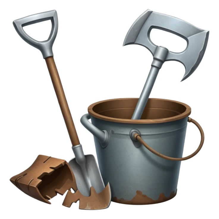 An icon featuring a shovel, pickaxe, and an ancient artifact like a broken pot, symbolizing the essentials of archaeology. The design focuses on the tools of excavation and discovery, recognizable look. Transparent background. sticker