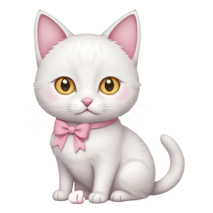 white cat sitting and she has a pink small bow on her right ear,she has golden eyes,she's fully white,even her ears,the only color is the pink small bow on her right ear,the cat is small sticker