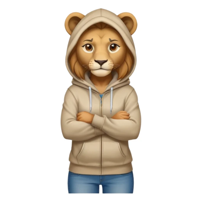 determined anthropomorphised female lion in a hoodie and jeans with arms folded, confident stance sticker