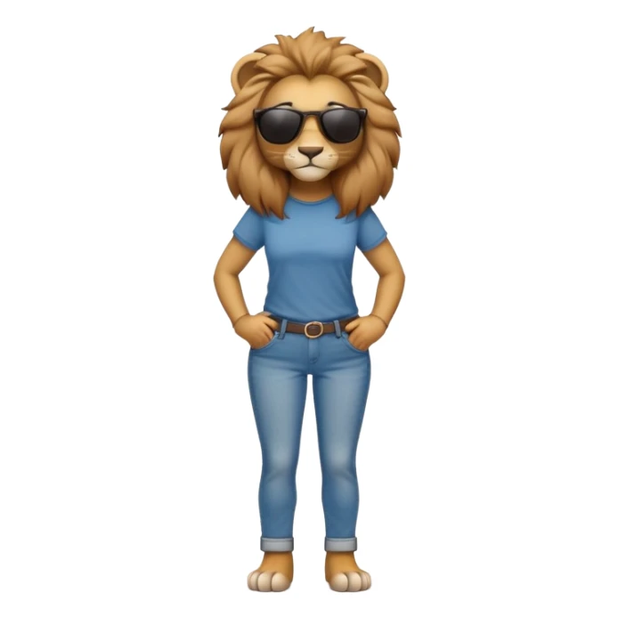 friendly anthropomorphised female lion character, full body, standing confidently with arms folded, wearing jeans, a t-shirt, and dark sunglasses sticker