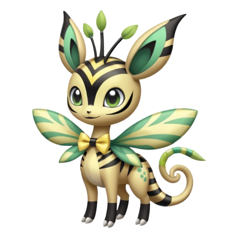 zig-zag-patterned tribal tropical hot spotted striped Meloetta-Celebi-Giratina-Noibat-Pokémon-Fakémon-fusion-hybrid-creature with a bow tie, bracelets, collars, necklaces  sticker