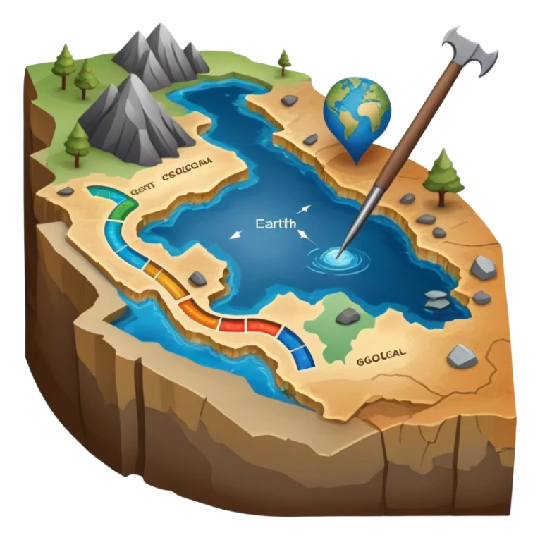 An icon featuring a crowbar and a geological map, and layers of Earth’s crust, symbolizing geology. The design includes mineral samples, fossils, and tectonic plates, representing the study of Earth’s structure and natural processes. Transparent background highlights geological exploration sticker