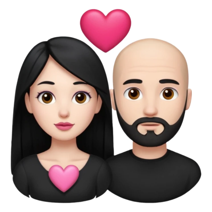 👩🏻‍❤️‍💋‍👨🏻 this one but the man should be bald. white woman with long black hair and white bald young man whoitiut hair and a heart between their heads. she has pink lips and both have brown eyes. he has e full beard but short. both wear black  sticker
