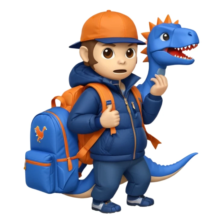 enraged monkey dressed in dark blue puffer jacket, holding blue origami dinosaur rolling backpack, wearing orange cap with Jurassic Park logo, Android emoji inspired sticker