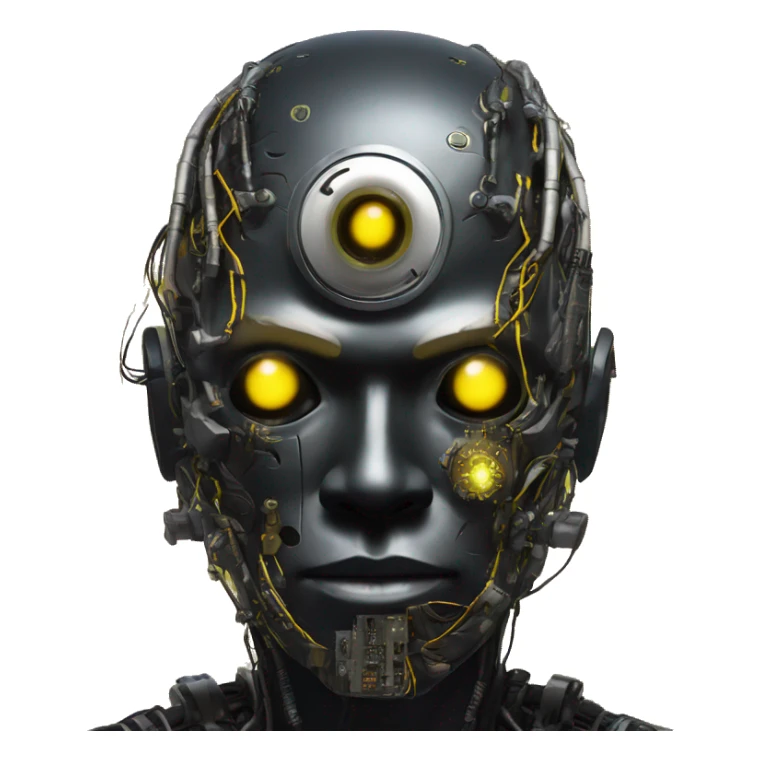 black metal cyborg head with circuitry, one artificial eyeball, and yellow Mohawk goatee sticker