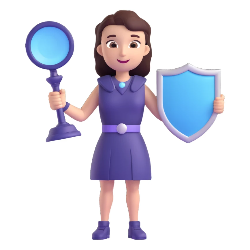 3D gender-neutral character, deep navy color, confident smile, holding a speech bubble or megaphone, with a shield or justice scales, glowing soft lavender and sky blue, modern and empowering style sticker