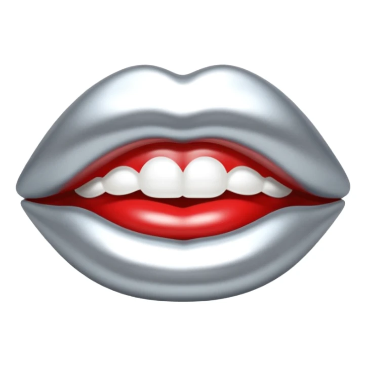 Chrome silver lips emoji, glossy metallic texture, iOS emoji style, smooth reflections, bold but minimal design, centered, silver mouth. all silver sticker
