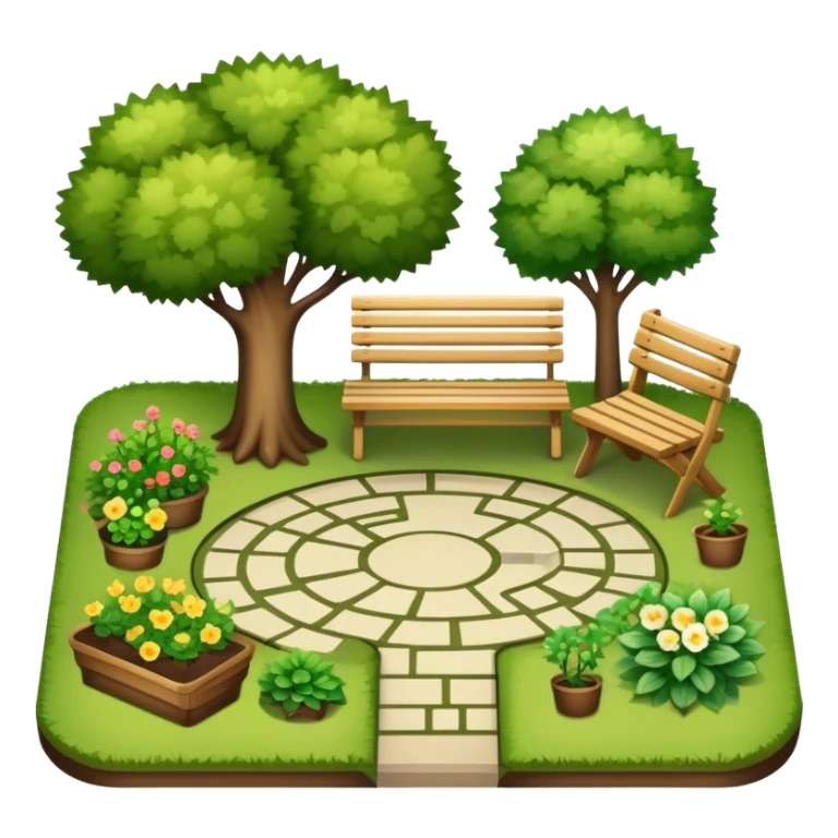 Icon for Landscape Design: a garden layout with trees, plants, pathways, and outdoor furniture, along with design tools like a ruler, pencil and sketchpad. The icon should represent the creativity and planning behind landscape design. Transparent background. sticker