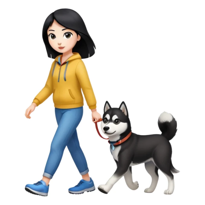 A black-haired girl walks a black and white husky sticker