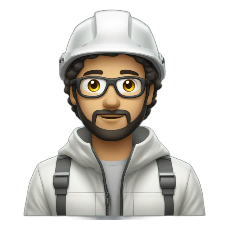 A young Mechanical engineer with a light black beard, a white helmet and a phosphorescent protection jacket sticker