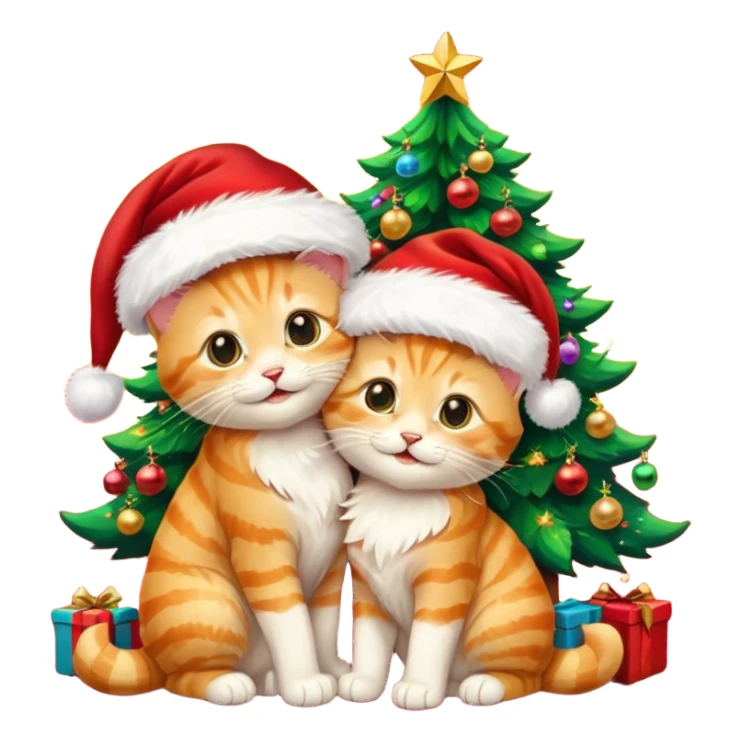 two hugging golden tabby happy fluffy cute smiling kittens with Santa hats by a colorful multicolored brightly lit up Christmas tree sticker