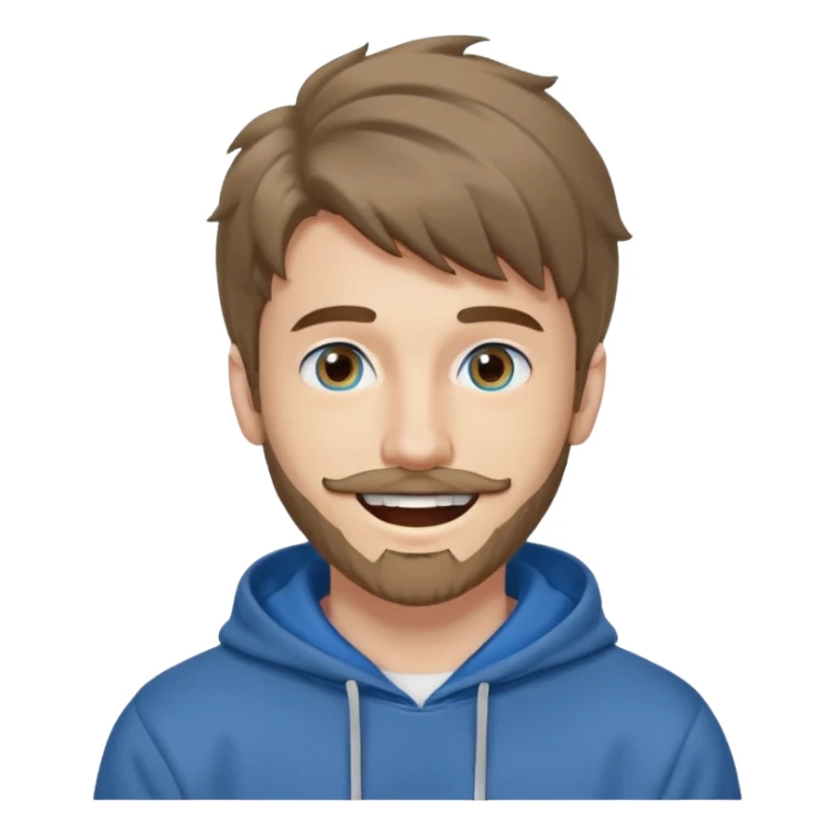 20 year old man, short scruffy beard and thin moustache, brown puffy mullet, blue eyes, big smile, white teeth, big lips, pronounced jaw, hair longer in back, sticking up on top, thin face, grey hooded sweatshirt, pale skin, big smile, blue eyes, puffy hair that is long in back sticker