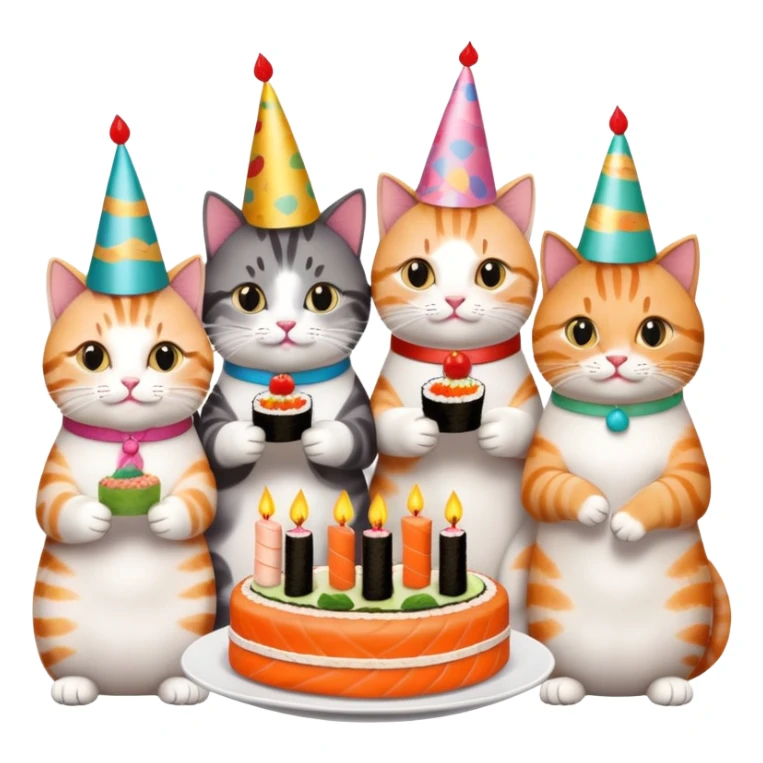 exactly six individual cats in a row celebrating one cat's birthday, each cat clearly visible and holding a piece of sushi, birthday cake in center, all six cats with party hats sticker