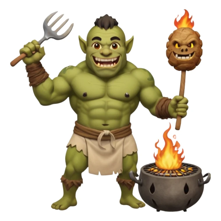 ork male master chef flipping huge kebabs on stone barbecue, muscular, loincloth or shorts, big tusked grin, smoke, centered emoji sticker