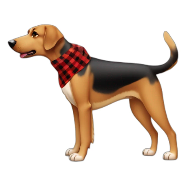 adult 75% Coonhound 25% German Shepherd mix dog with visible tail wearing small pointed red buffalo plaid bandana full body walking left quickly sticker