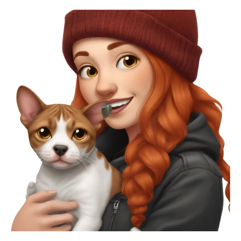Long Red haired woman in beanie with septum piercing holding black and white English Staffordshire puppy and tabby cat sticker