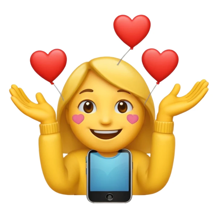 Emoji with hearts around holding phone sticker