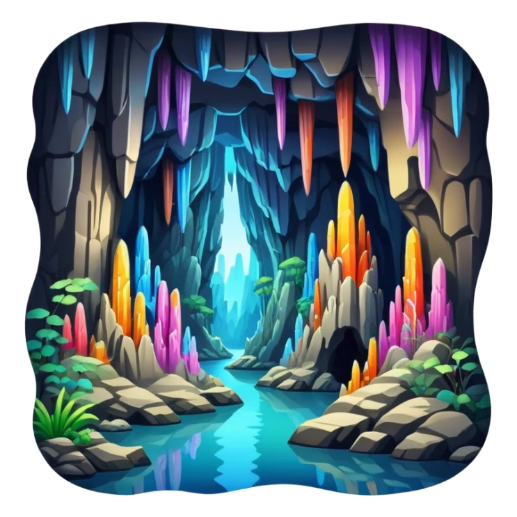 Reed Flute Cave Guilin with colorful lighting, simplified emoji style with bold outlines and bright colors, cartoon style cave with stalagmites sticker