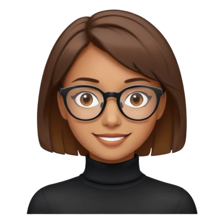 girl with brown short hair ,glasses, brown eyes ,smile,black turtleneck , sticker