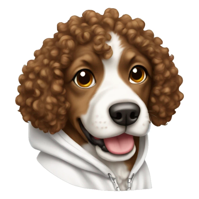 Brown curly hair dog wearing a white hoodie sticker