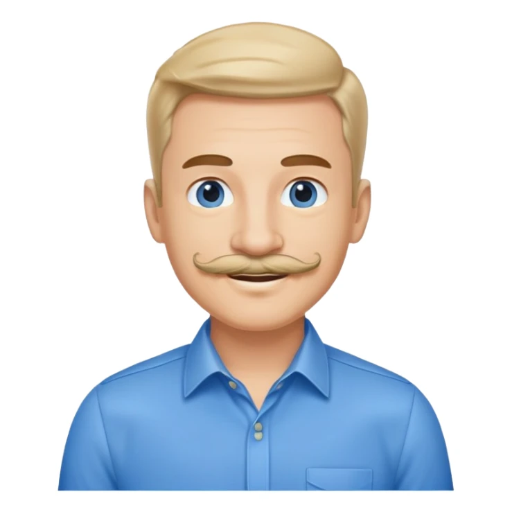 Business owner, well dressed, blue shirt, mustache, happy sticker