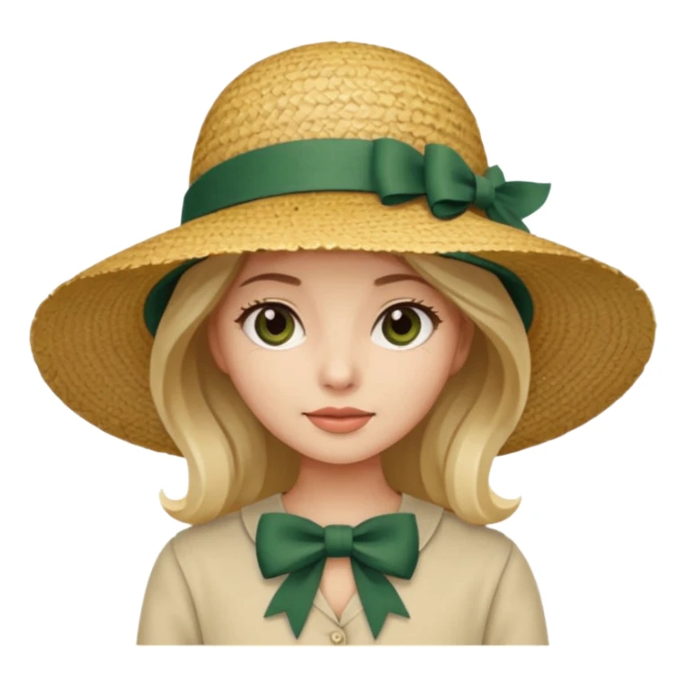 light beige women's straw hat with large brim and dark green bow sticker