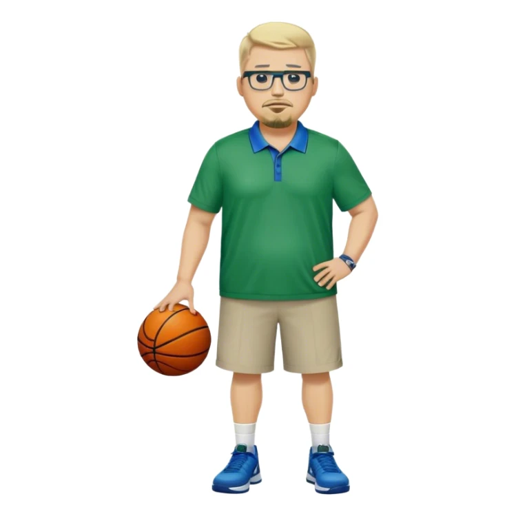 Full Body white male plus size wearing glasses with a goatee with light blonde and gray very short hair mad basketball head Coach in blue and green wearing Nike polo sticker