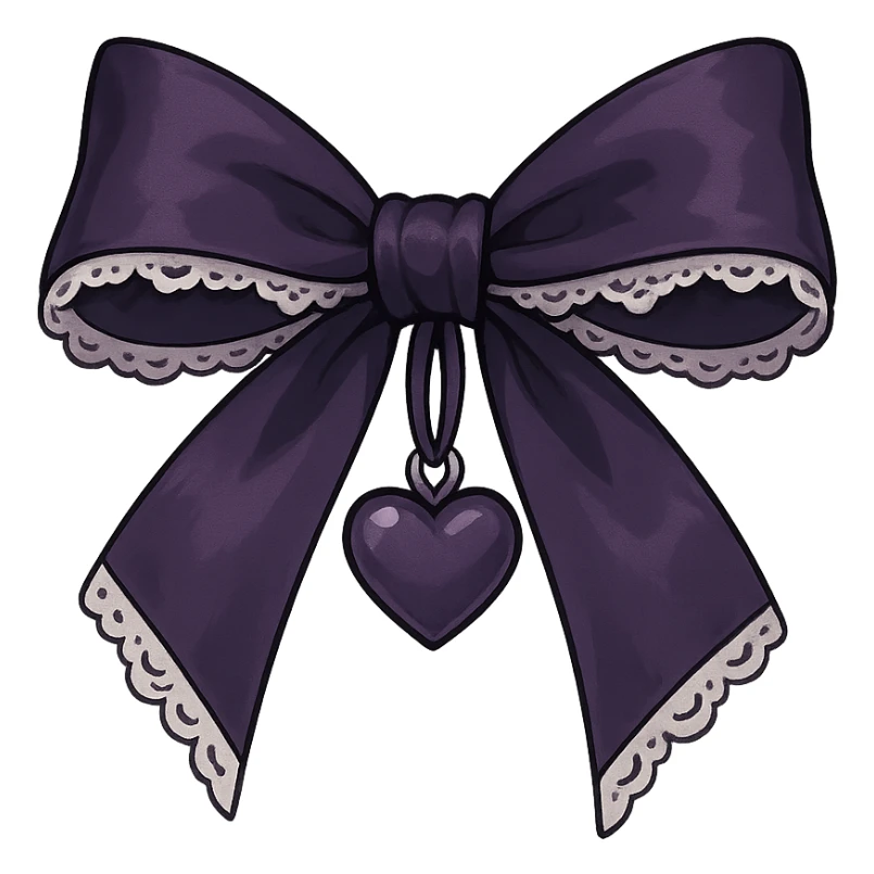 Purple gothic bow with white lace trim and heart charm, remove background sticker