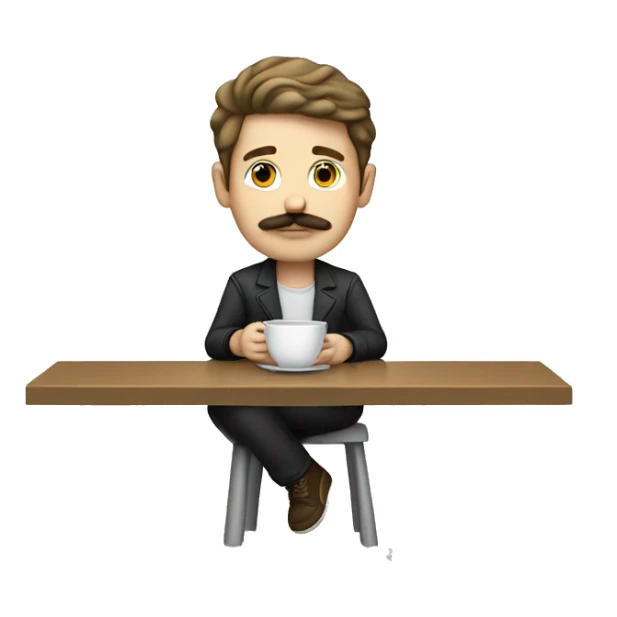 white boy with dark blond hair and a mustache waiting with a cup sticker