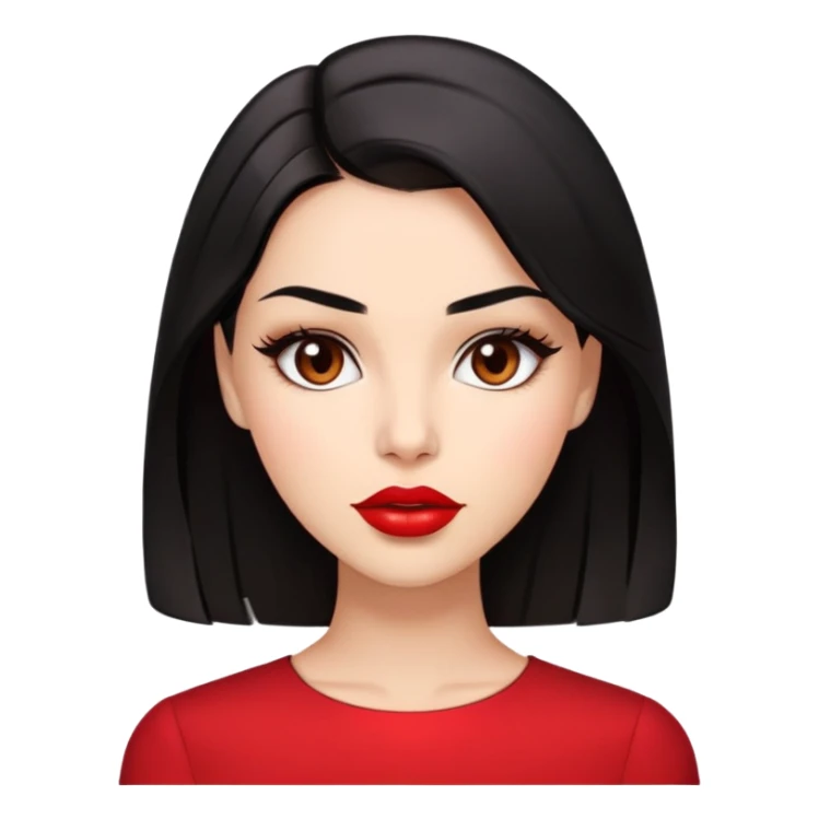 Glamorous young woman with defined features, expressive brown eyes, full lips with red lipstick, light brown complexion, sleek black hair, wearing a red blouse sticker
