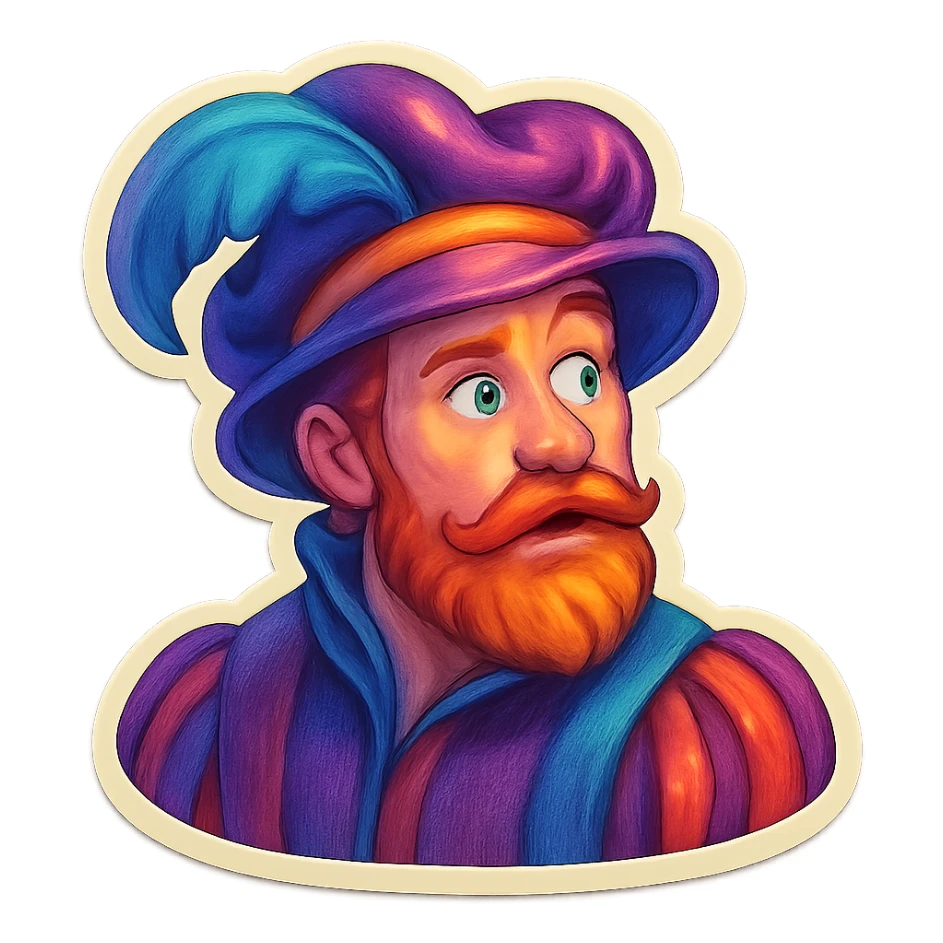 Red-bearded Landsknecht bust showing curiosity, flat lightning sticker