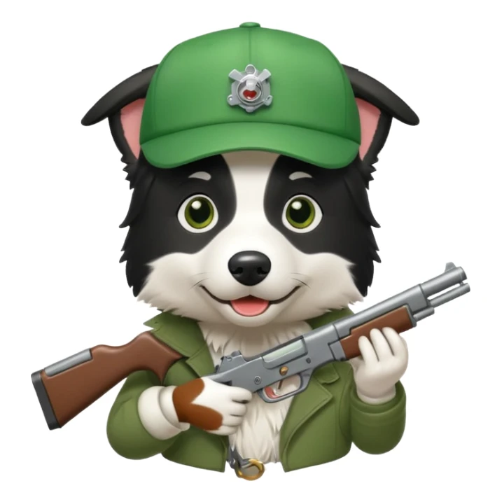 A border collie dog with a green cap and an automatic gun sticker