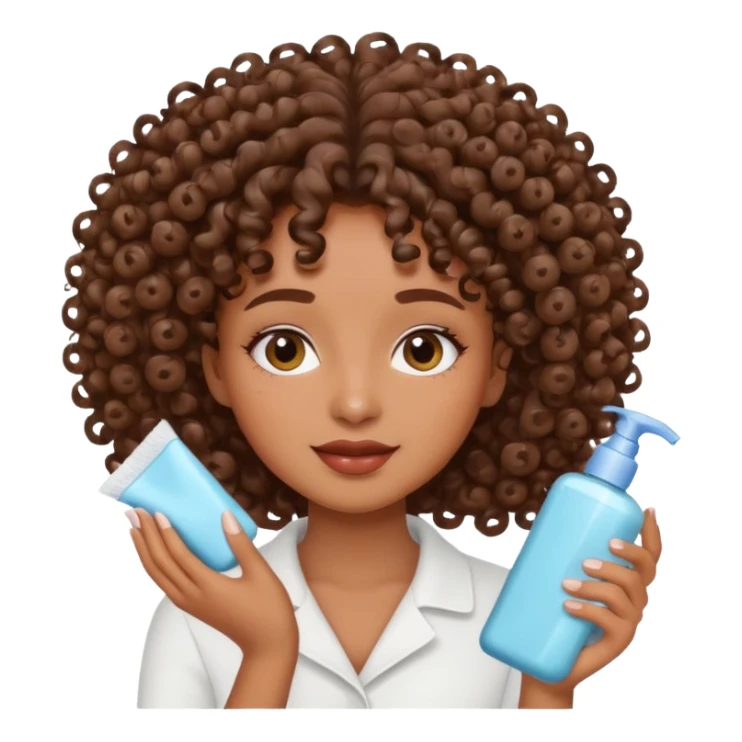 Menina na cor parda, com os cabelos bem cacheados e fazendo o movimento col produtos na mão limpando e cuidando do rosto sticker