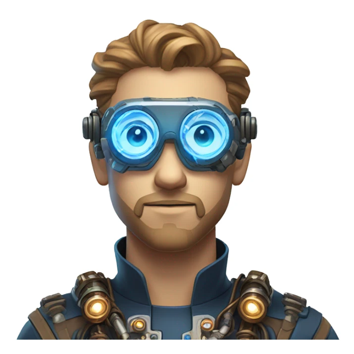 Male cyborg head with light brown hair, light brown beard, blue glowing steampunk goggles, circuits, wires  sticker