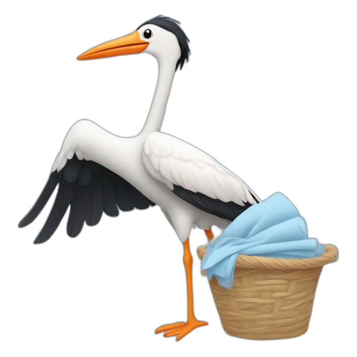 stork carrying a light blue bundle of cloth in its beak that has a human baby with dark hair and the baby face and head is peeking from the cloths bundle the strok is carrying with its beak sticker
