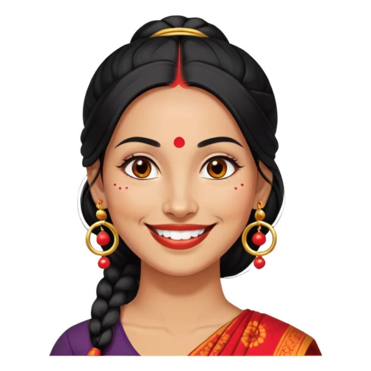 Phụ nữ 35 tuổi, da vàng, tóc buộc dài màu đen, có chấm đỏ bindi trên trán, mặt cười tươi, đeo khuyên tai tròn to bằng vàng, nửa thân trên sticker