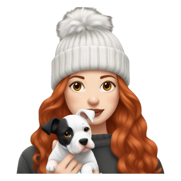 Long Red haired woman in beanie with septum piercing holding black and white English Staffordshire puppy sticker