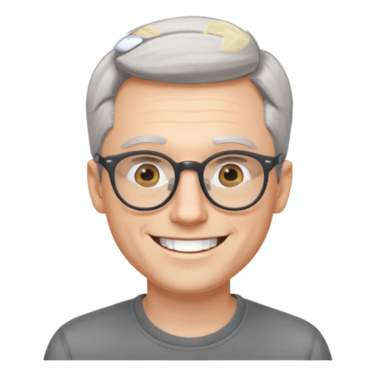 30 yr old pale white man, grey side swept hair, round glasses, big smile, white teeth, handsome, longer hair, thin glasses, no wrinkles sticker