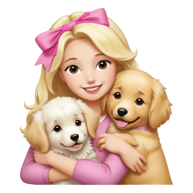 One very white, great Pyrenees, and one very golden golden retriever, with a pretty blonde lady, smiling with pink bows in her hair, hugging them sticker