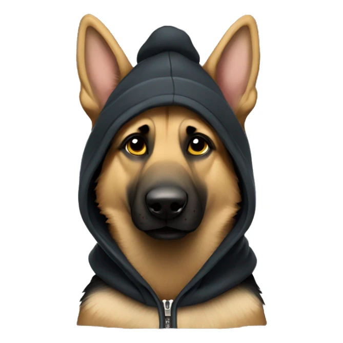 German shepherd wearing a hoodie with a beanie sticker