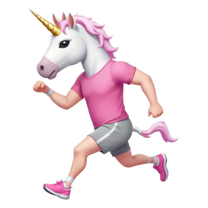friendly anthropomorphised male white unicorn with a stocky, strong build, white arms and legs, wearing grey shorts and pink t-shirt, dark sunglasses, jogging upright in a relaxed pose sticker