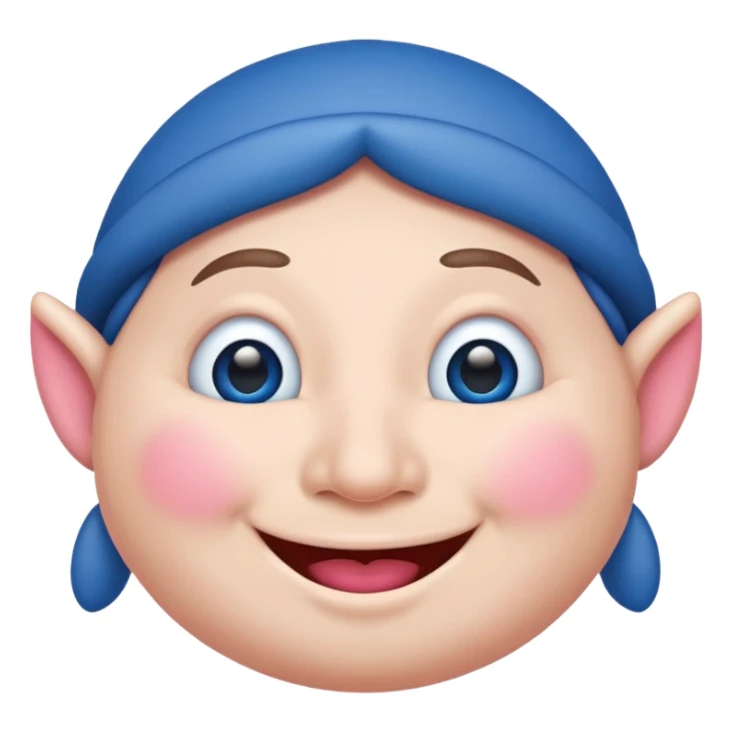 A blue emoji with fat pink cheeks and is smiling like a elf sticker