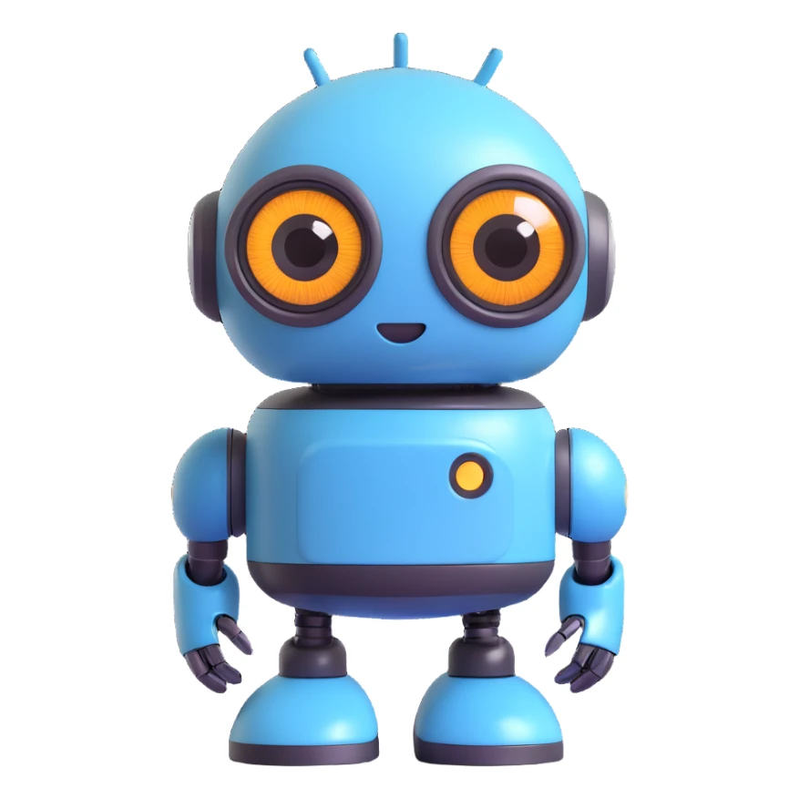 Friendly robot with big expressive eyes — round head, glossy finish, slightly clumsy but charming (think Wall-E meets Baymax). sticker