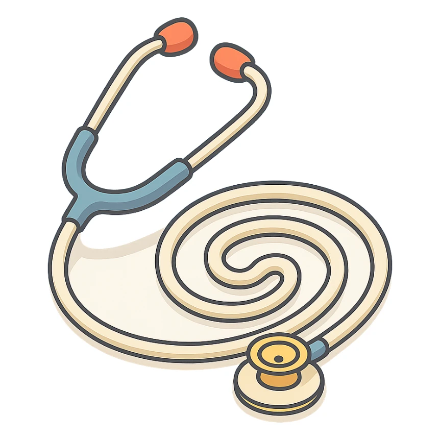 stethoscope with tube coiled in a spiral, 2D isometric style, detailed drawing, detailed shadows and highlights, clean contours, soft lighting, transparent background sticker