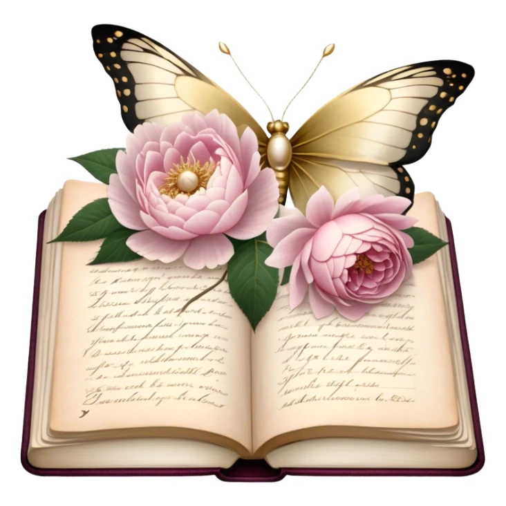 An aged botanical journal, its golden-edged pages filled with delicate pressed pink roses, white peonies, and blush dahlias, as a pearl butterfly delicately rests on the handwritten notes.
 sticker