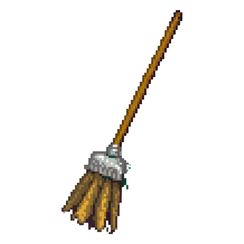 worn-out broom (vasoura), broken bristles, muted palette, nostalgic video game style sticker