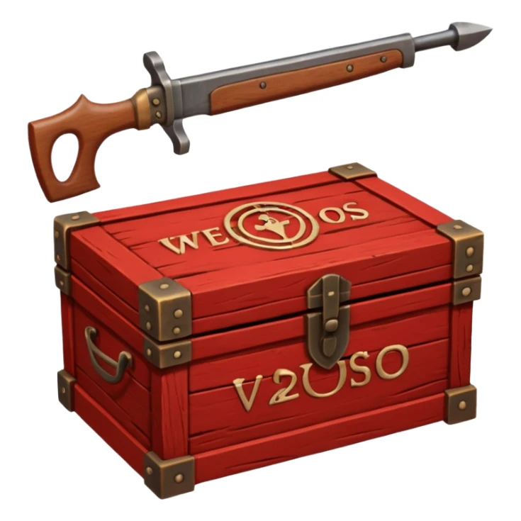 generate a very realistic wooden box with a red weapon inscription sticker