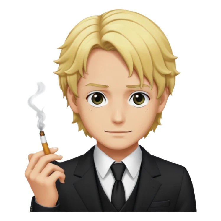 Sanji with blonde hair, black suit, cigarette, curly eyebrow sticker