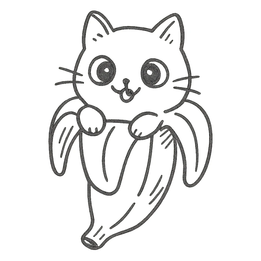 Make the hand-drawn outlined banana cat icon cuter, with bigger eyes and a playful expression sticker